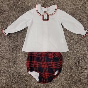 Foque Kids White Ruffle Blouse and Red Navy Plaid Bloomer Set 18M Made in Spain